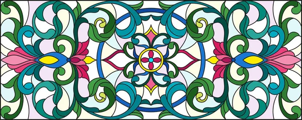 İllüstrasyon soyut swirls, vitray tarzında çiçekler ve hafif bir arka plan üzerinde yatay yönlendirme bırakır