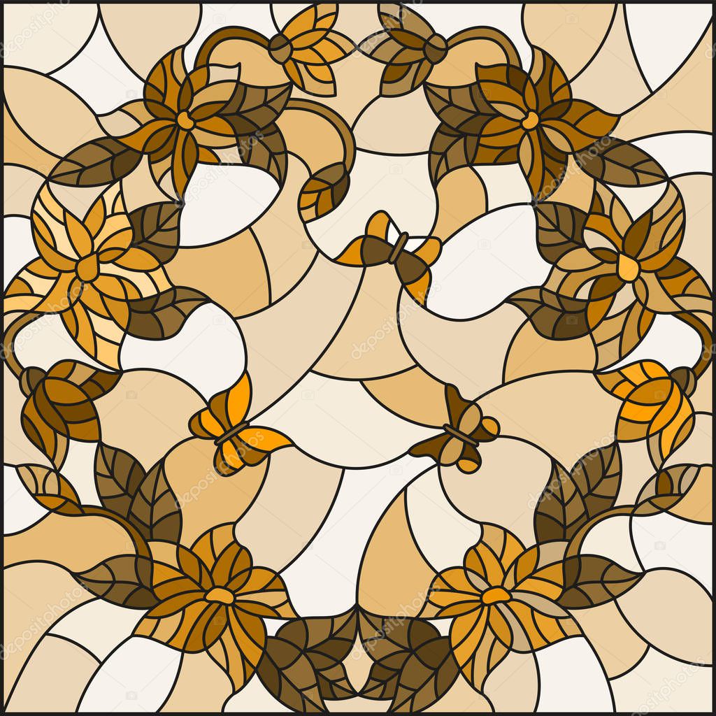 Illustration in stained glass style with  flowers in a circle and butterflies,brown tone,Sepia