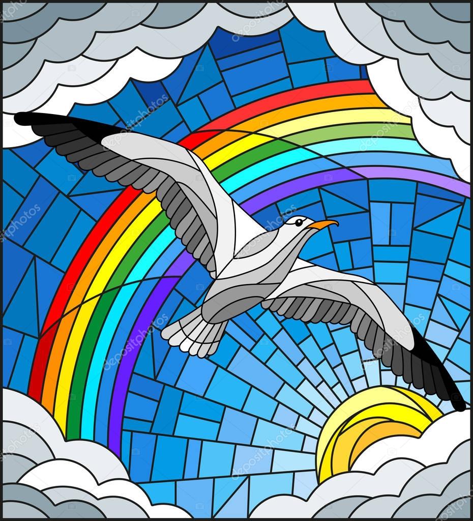 Illustration in stained glass style with a Seagull on the background of sky, sun , clouds and rainbow