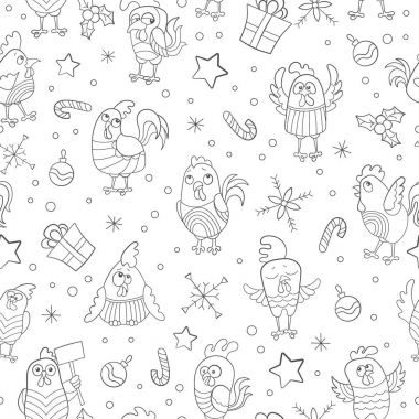 Komik karikatür kontur horoz ve beyaz bir arka plan üzerinde kar taneleri sorunsuz arka plan