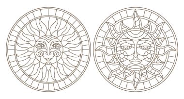 Yüz, görüntü, beyaz bir arka plan üzerinde koyu anahat yuvarlak vitray güneşin set kontur illüstrasyonlar izole