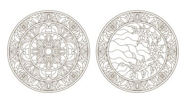 Vitray, vitray çiçek, karanlık Anahat Beyaz bir arka plan üzerinde yuvarlak kontur çizimleri ayarla