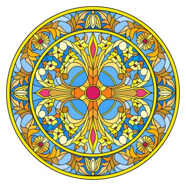 Vitray stil, ayna görüntüsü çiçek süs eşyaları ve swirls ile yuvarlak resimde