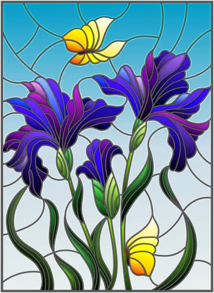 Ilustración en estilo vitral con un ramo de iris púrpura y mariposas amarillas sobre fondo azul — Vector de stock