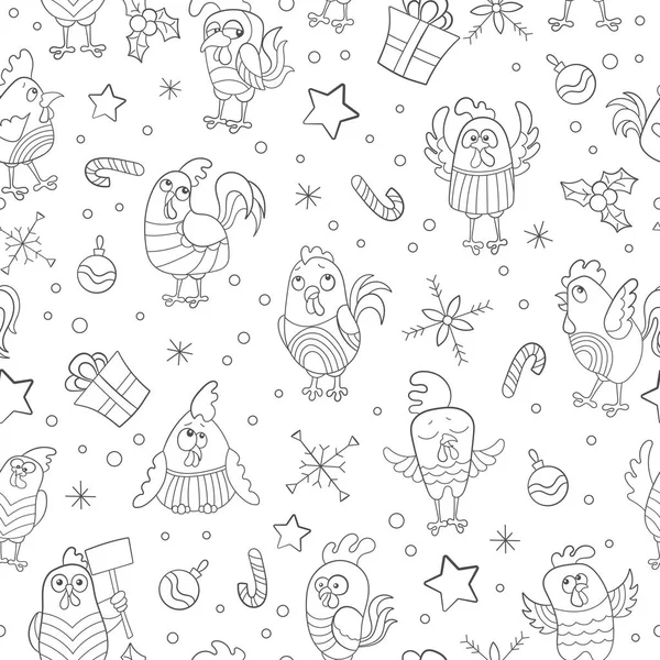 Fondo sin costuras con divertido contorno de dibujos animados Cockerel y copos de nieve sobre un fondo blanco — Vector de stock