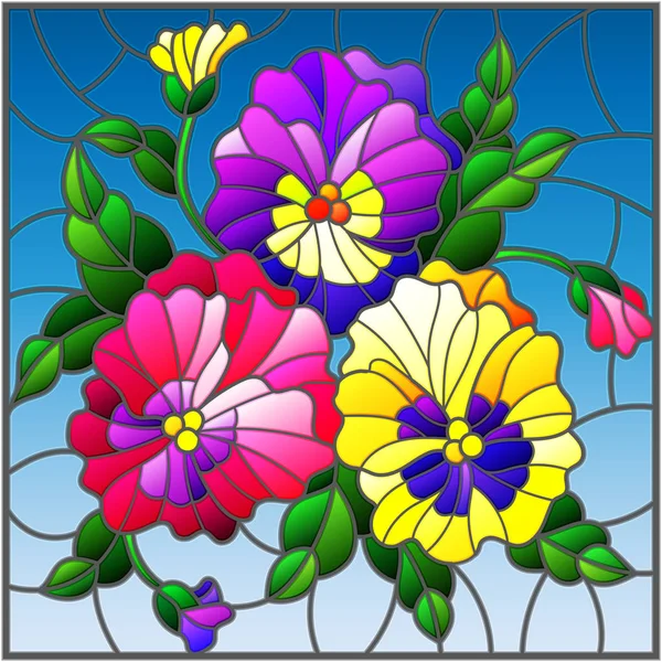 Ilustración en estilo vitral con flores, brotes, hojas y flores de pansy — Vector de stock