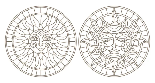 Yüz, görüntü, beyaz bir arka plan üzerinde koyu anahat yuvarlak vitray güneşin set kontur illüstrasyonlar izole