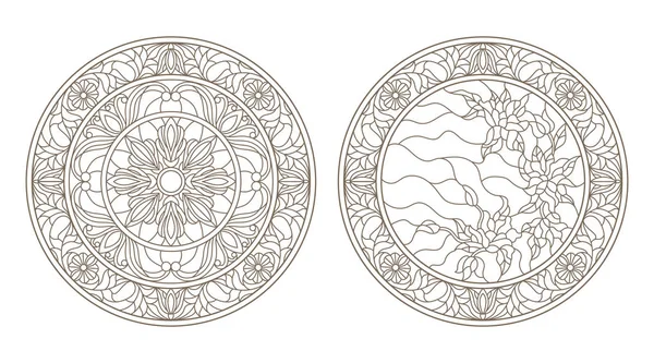 Vitray, vitray çiçek, karanlık Anahat Beyaz bir arka plan üzerinde yuvarlak kontur çizimleri ayarla