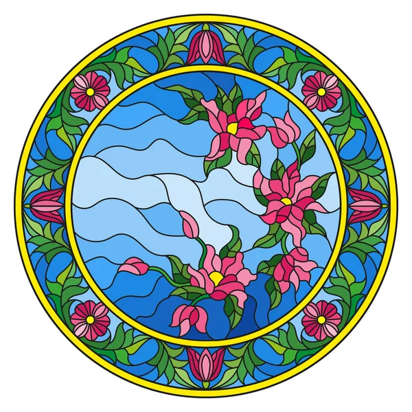 Illustrazione in vetro colorato stile fiori su un cielo di sfondo in una cornice floreale brillante, immagine rotonda — Vettoriale Stock