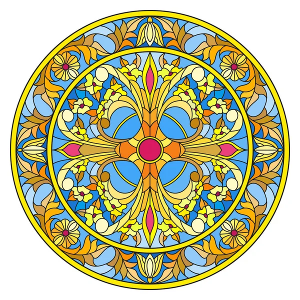 Ilustración en estilo vitral, imagen redonda de espejo con adornos florales y remolinos — Vector de stock