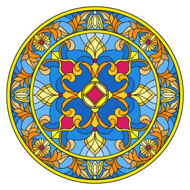 Vitray stil, ayna görüntüsü çiçek süs eşyaları ve swirls ile yuvarlak resimde