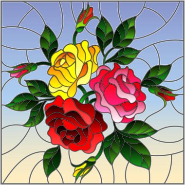Çiçekler, vitray stiliyle çizimde tomurcukları ve bir gökyüzü arka plan üzerinde gül yaprakları 