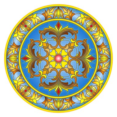 Vitray stil, ayna görüntüsü çiçek süs eşyaları ve swirls ile yuvarlak resimde