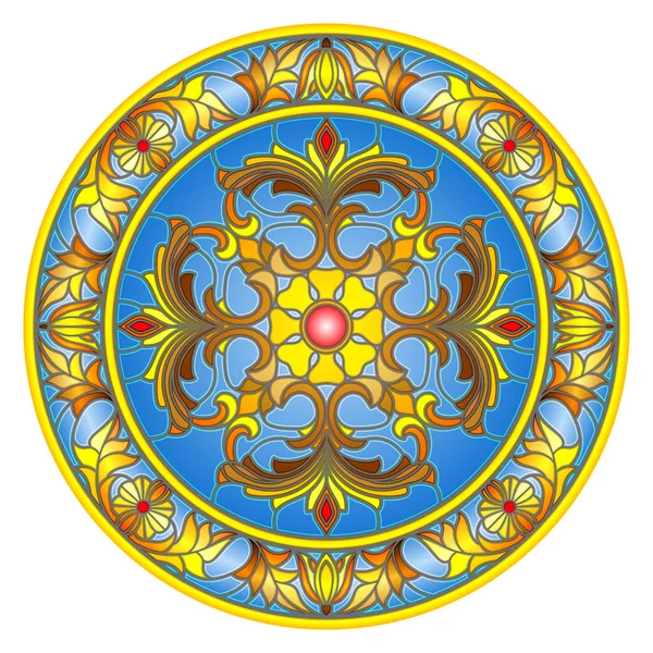Illustration i målat glas stil, runda spegelbild med blommig ornament och virvlar — Stock vektor