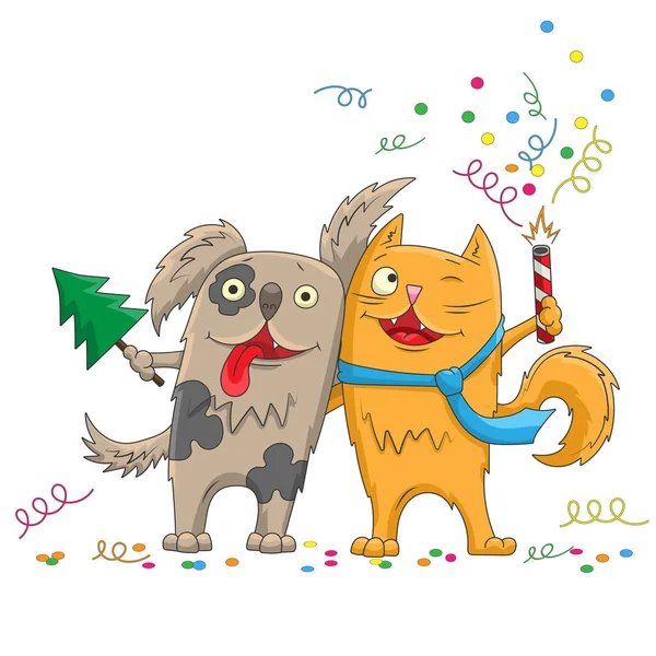 Illustration pour la nouvelle année et dessin animé de Noël drôle chat et chien étreinte, isolé sur fond blanc — Image vectorielle