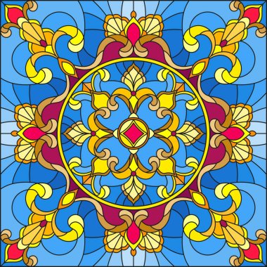 Çizimde vitray stil, çiçek süs eşyaları ve swirls ile kare ayna görüntüsü