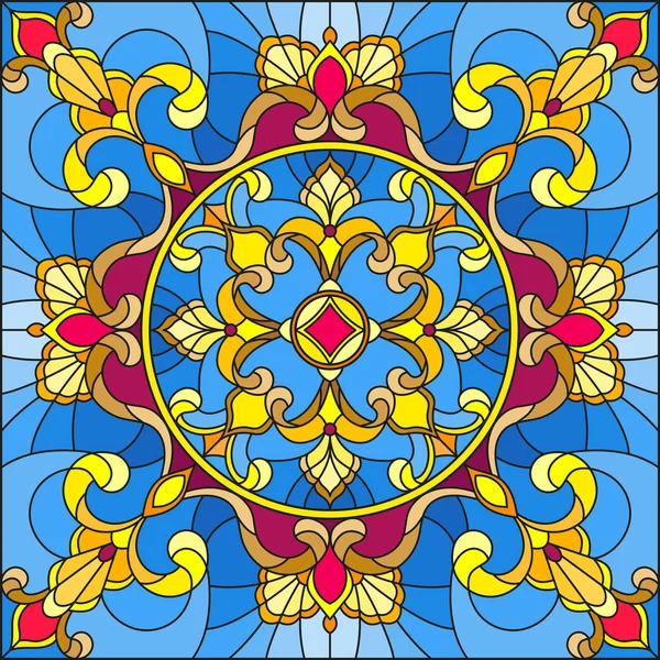 Çizimde vitray stil, çiçek süs eşyaları ve swirls ile kare ayna görüntüsü