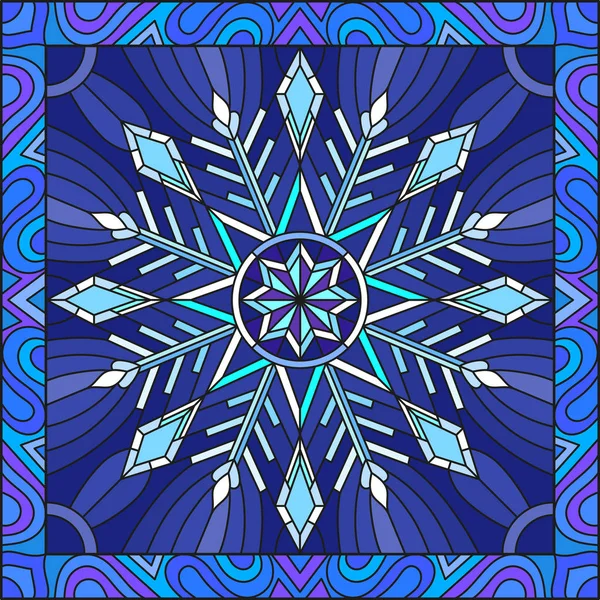 Vitray tarzı illüstrasyon kar tanesi bir çerçeve içinde mavi renk ile 
