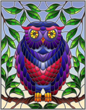 Bir ağaç dalı gökyüzüne karşı oturup muhteşem renkli baykuş stiliyle vitray çizimde