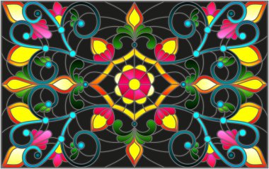 İllüstrasyon soyut swirls, vitray tarzında çiçekler ve karanlık bir arka plan üzerinde yatay yönlendirme bırakır