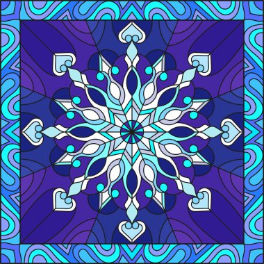 Vitray tarzı illüstrasyon kar tanesi bir çerçeve içinde mavi renk ile 