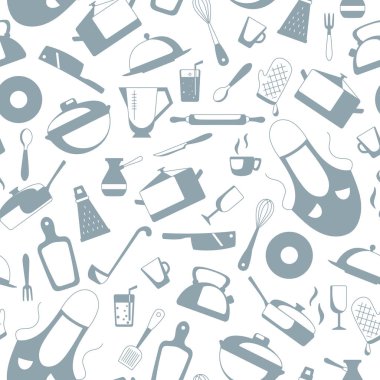 Yemek ve mutfak gereçleri, basit kontür simgeleri, simgeleri beyaz arka plan üzerinde gri bir siluetleri konulu seamless modeli 