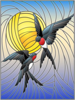 Vitray çizimde stil yutar çifti bir gökyüzü ve güneş arka plan üzerinde