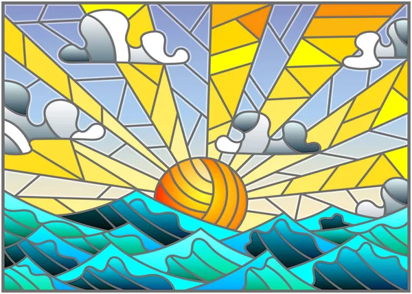 Иллюстрация в витражном стиле с морским пейзажем, морем, облаком, небом и солнцем — стоковый вектор