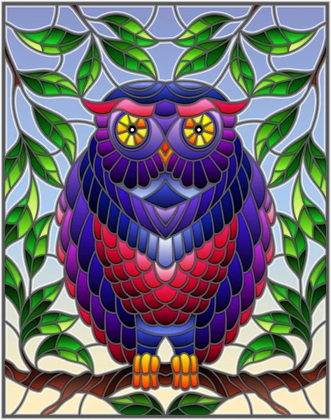 Bir ağaç dalı gökyüzüne karşı oturup muhteşem renkli baykuş stiliyle vitray çizimde