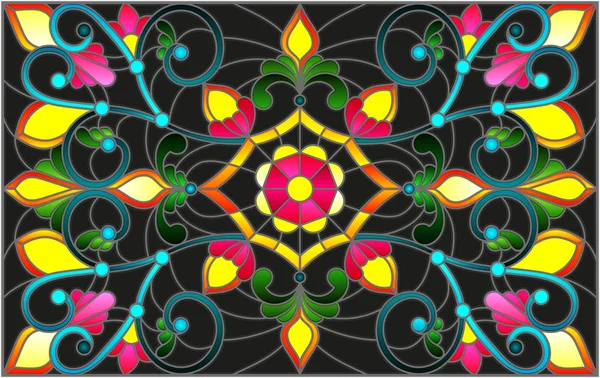 Illustration im Buntglasstil mit abstrakten Wirbeln, Blumen und Blättern auf dunklem Hintergrund, horizontale Ausrichtung — Stockvektor