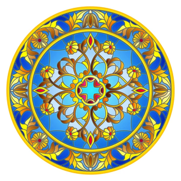 Illustration i målat glas stil, runda spegelbild med blommig ornament och virvlar — Stock vektor