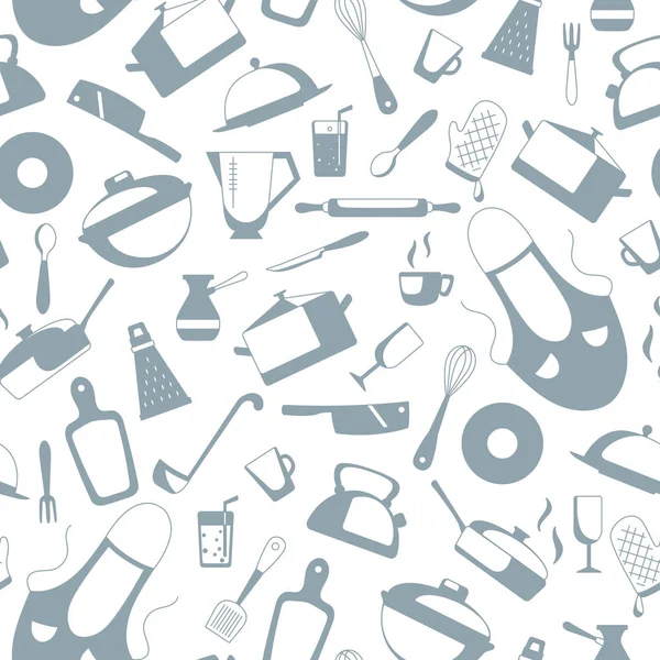 Yemek ve mutfak gereçleri, basit kontür simgeleri, simgeleri beyaz arka plan üzerinde gri bir siluetleri konulu seamless modeli 