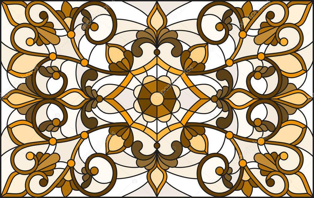 Illustration in stained glass style with abstract  swirls and leaves  on a light background,horizontal orientation, sepia