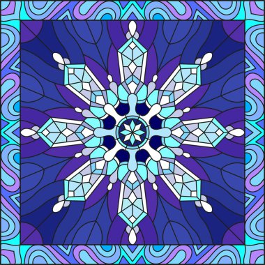 Vitray tarzı illüstrasyon kar tanesi bir çerçeve içinde mavi renk ile 