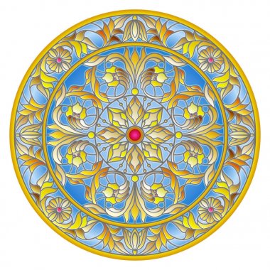 Vitray stil, ayna görüntüsü çiçek süs eşyaları ve swirls ile yuvarlak resimde