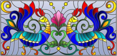 Vitray stil horozlar, çiçekler ve desenler mavi arka plan, yatay görüntü üzerinde bir çift ile resimde