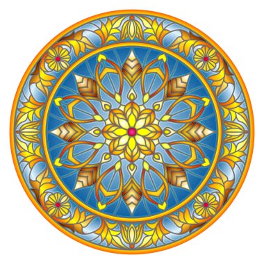 Vitray stil, ayna görüntüsü çiçek süs eşyaları ve swirls ile yuvarlak resimde