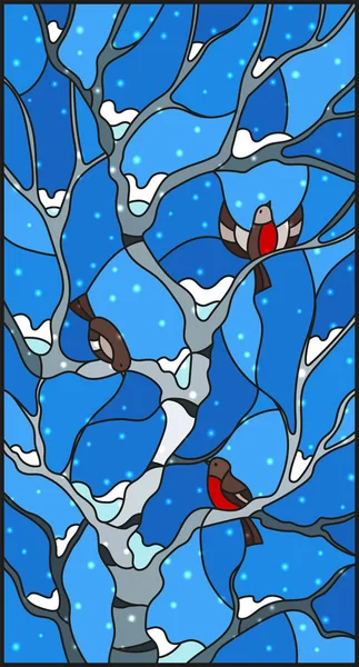 Ilustración en estilo vitral con pinzones en las ramas de un abedul contra el cielo y la nieve — Archivo Imágenes Vectoriales