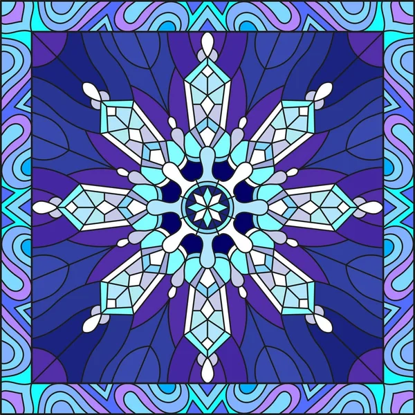 Ilustração em estilo vitral com floco de neve em cores azuis em um quadro — Vetor de Stock