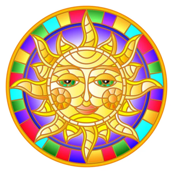 Ilustrace ve stylu barevného okna s abstraktním sluncem v jasném rámečku, kulatý obraz — Stockový vektor