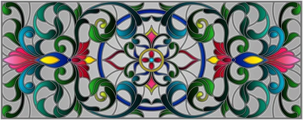 İllüstrasyon soyut swirls, vitray tarzında çiçekler ve hafif bir arka plan üzerinde yatay yönlendirme bırakır