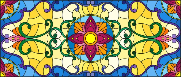 İllüstrasyon soyut vitray tarzında swirls, çiçekler ve yapraklar, yatay yönlendirme