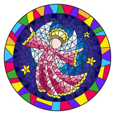 Vitray stil çizimde resim çerçevesi parlak yuvarlak pembe elbise içinde soyut bir melek ile