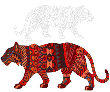 İllüstrasyon soyut kırmızı Tiger, kedi ve onun anahat beyaz zemin üzerine boyalı izole