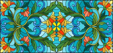 Vitray stil tasarlamak turuncu çiçekler üzerinde mavi bir arka plan ile resimde