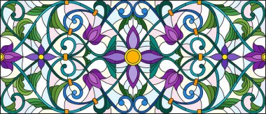 İllüstrasyon soyut swirls, vitray tarzında çiçekler ve hafif bir arka plan üzerinde yatay yönlendirme bırakır