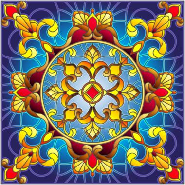 Vitray tarzı, kare ayna görüntüsüyle çiçek süs eşyaları ve swirls, kare görüntü illüstrasyon