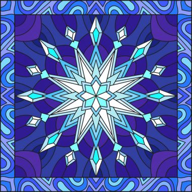 Vitray tarzı illüstrasyon kar tanesi bir çerçeve içinde mavi renk ile 