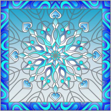 Vitray tarzı illüstrasyon kar tanesi bir çerçeve içinde mavi renk ile 