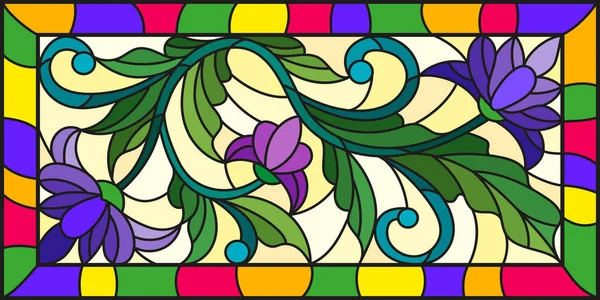 Illustration im Glasmalereistil mit abstrakten lila Blüten auf gelbem Hintergrund in hellem Rahmen — Stockvektor